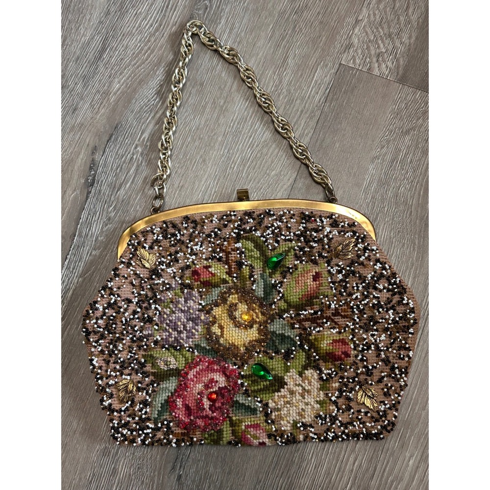 Vintage Soure Bag New York Floral Needlepoint Sequin Jewel Embellished Clutch